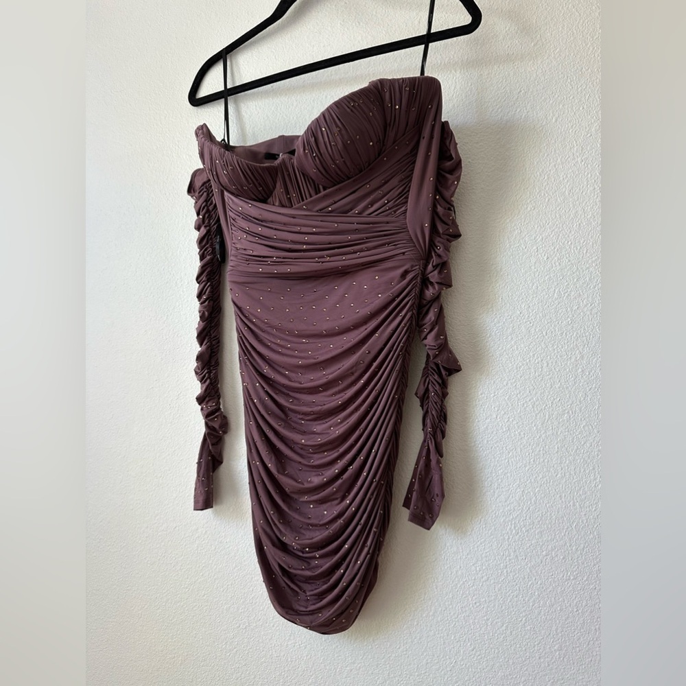 Alex Perry Koda Crystal Brown Dusty Rose  Mini Dress - Picture 6 of 11